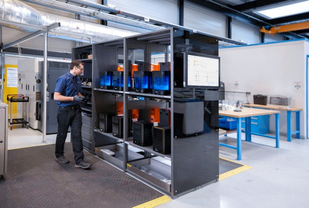 a man inspects some 3d printers