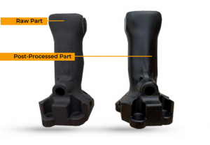 Two 3D printed aerospace tools in black, labelled raw part and post-processed part