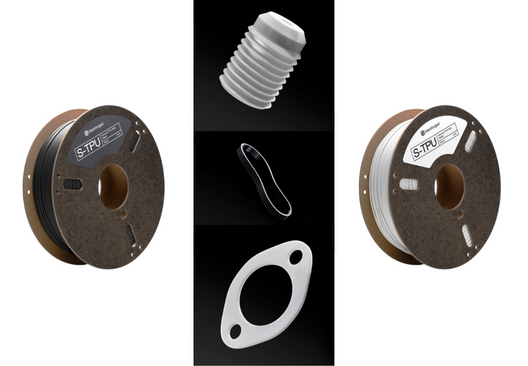 Two spools of markforged S-tpu filament and sample prints