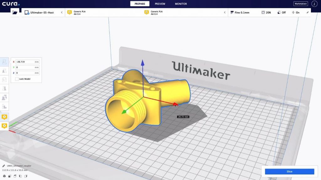 3D rendering of some tubing with multiple joints on the ultimaker cua software