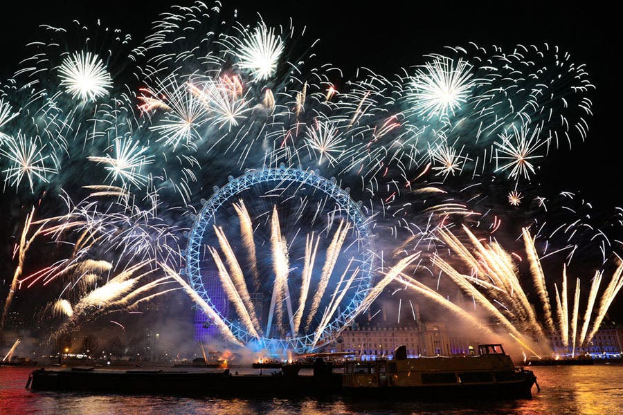 new years fire works over the london eye