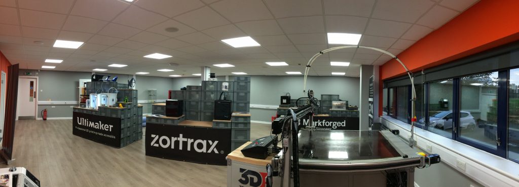 interior photo of the additive-x showroom showing ultimaker, zortrax, markforged and 3dgence 3d printers