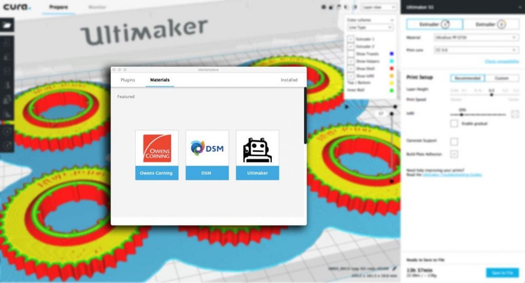 ultimaker cura software showing the marketplace for materials and plugins