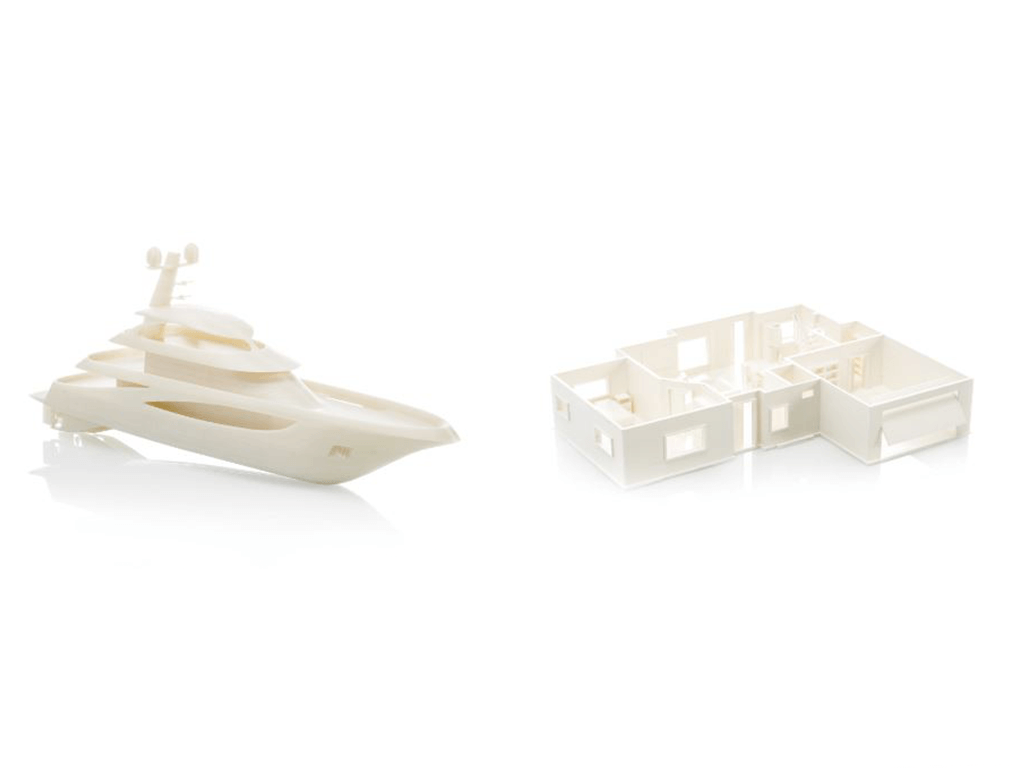 a 3d printed model of a yacht and the building plan of a house, in ultimaker PLA