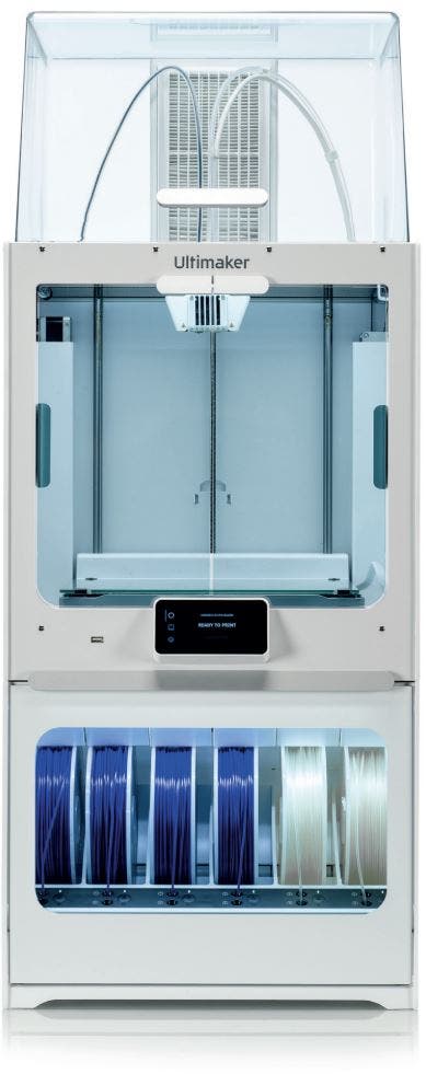an ultimaker s5 material station with additional material station and air manager attachments