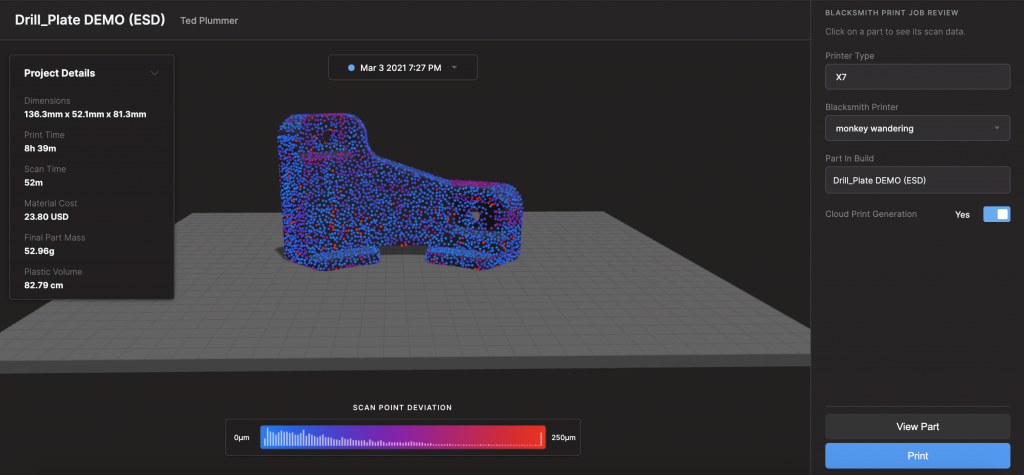 markforged blacksmith software demonstrating scan point deviation on a 3d model