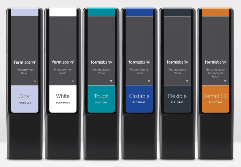 Row of Formlabs resins: clear, white, tough, castable, flexible, and dental SG