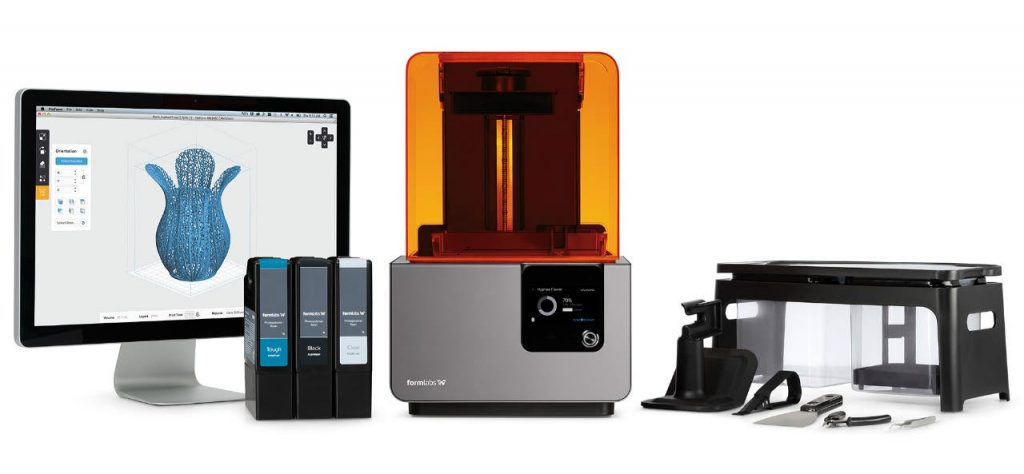 the form 2 ecosystem, featuring the form 2 3d printer, preform software loaded onto a pc, and some resin cartridges