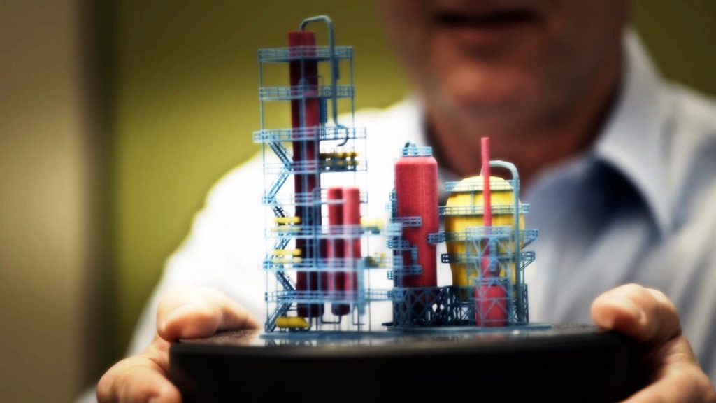 a 3d printed model of an oil refinery in multi colours printed on the hp multi jet fusion