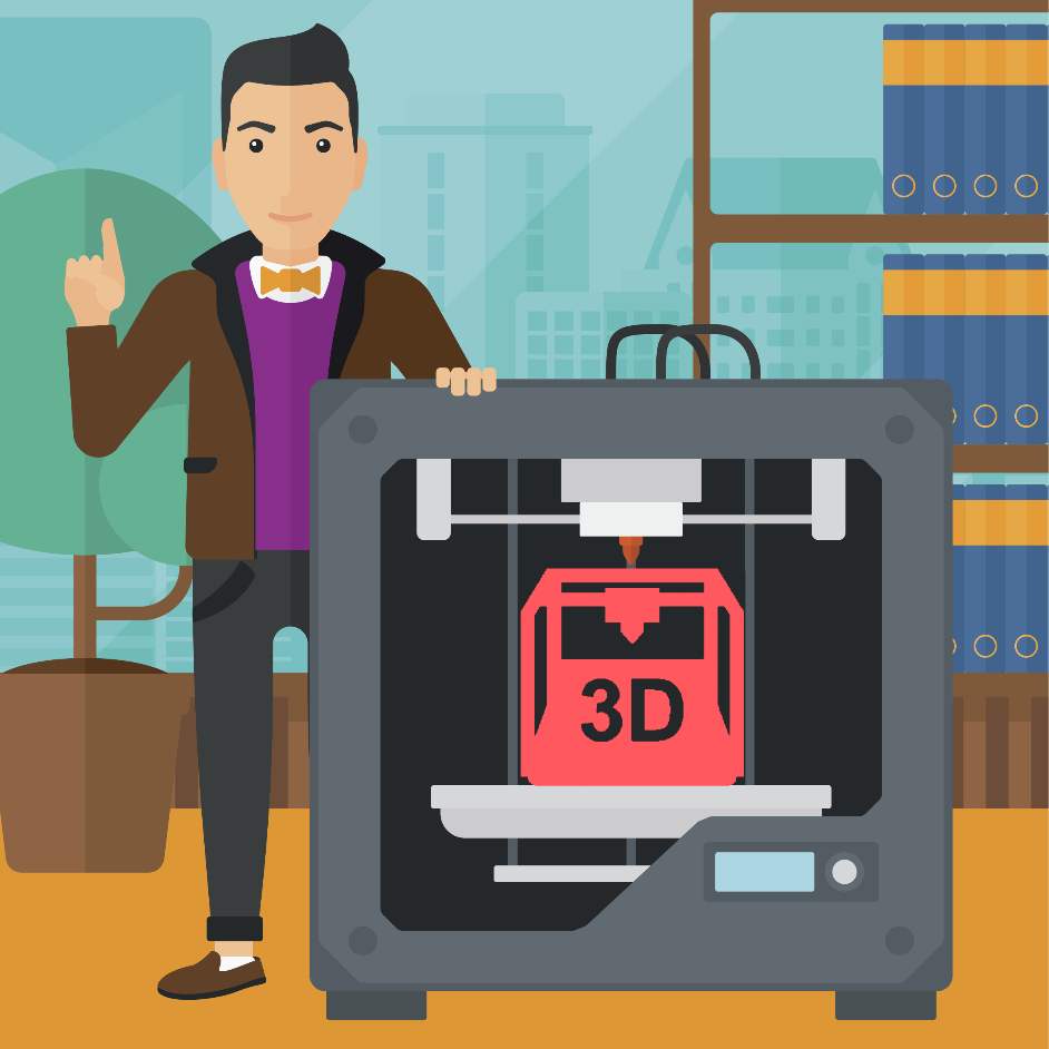 a learn by layers poster featuring a cartoon man proudly holding his 3d printer