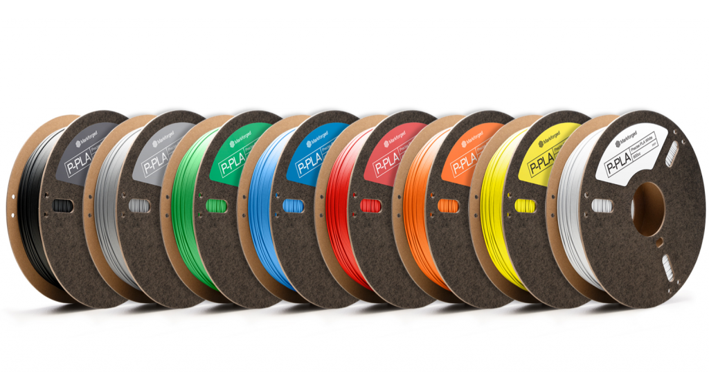 A long row of Markforged P-PLA spools of filament.
