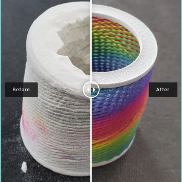 Photograph of 3D printed part before and then after undergoing AMT de-powdering