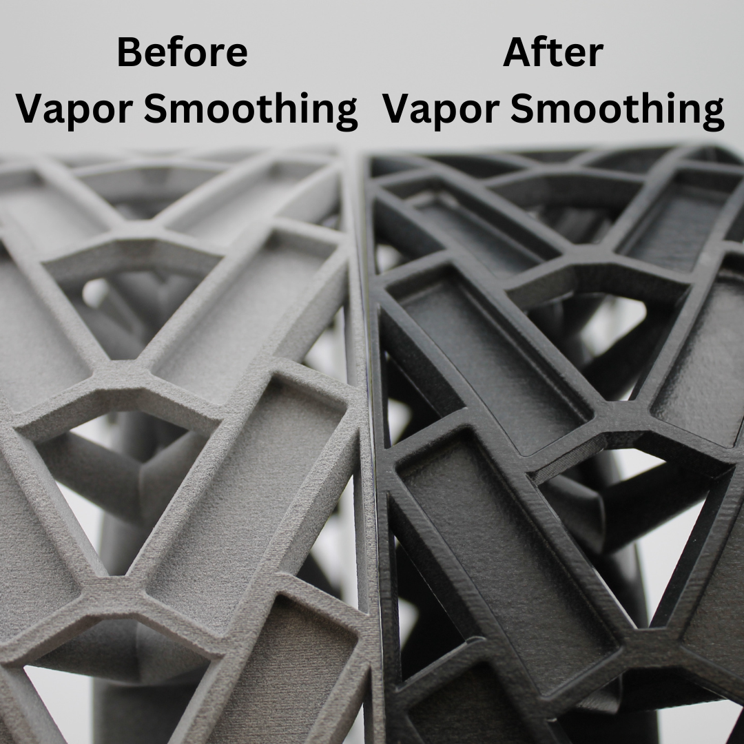 3D printed part before and after undergoing vapour smoothing to highlight the difference.