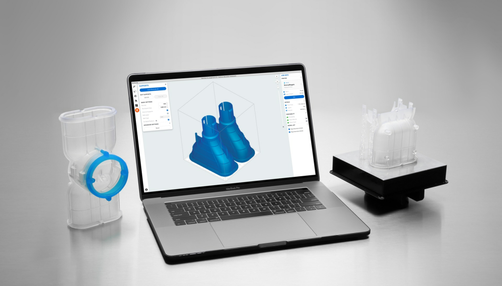 Preform software in action with example prints nearby