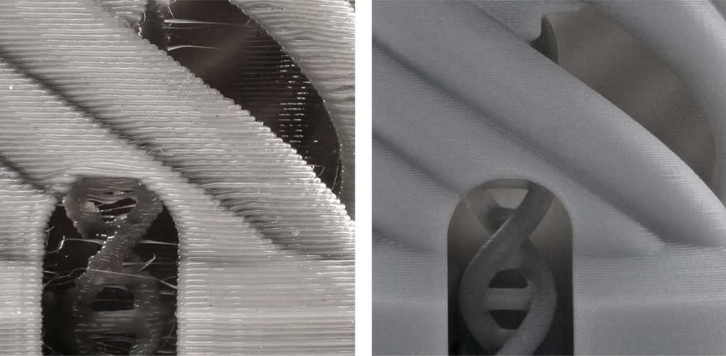 Two images showing the effect of printing with different layer heights.