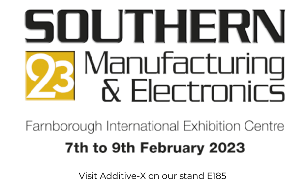 A poster advertising the Southern Manufacturing and Electronics tradeshow at the Farnborough International Exhibition Centre.