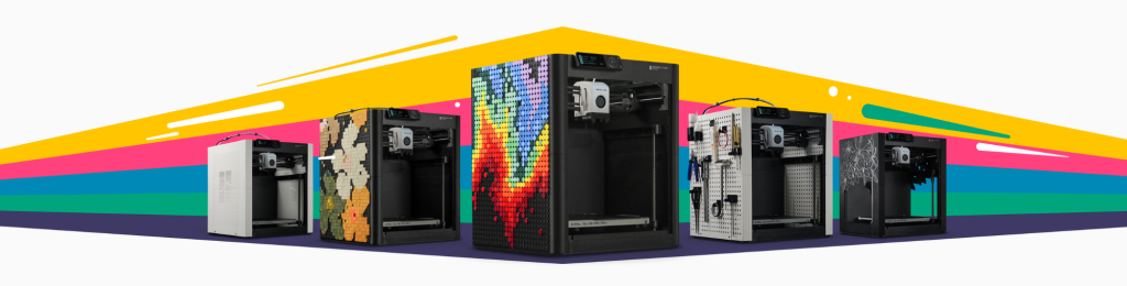 A colourful Bambu Lab banner featuring multiple P1P printers each with differently customised side panels.