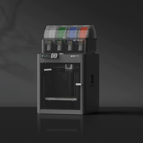 The Bambu Lab P1S 3D printer with an automatic material system fitted on top of it.