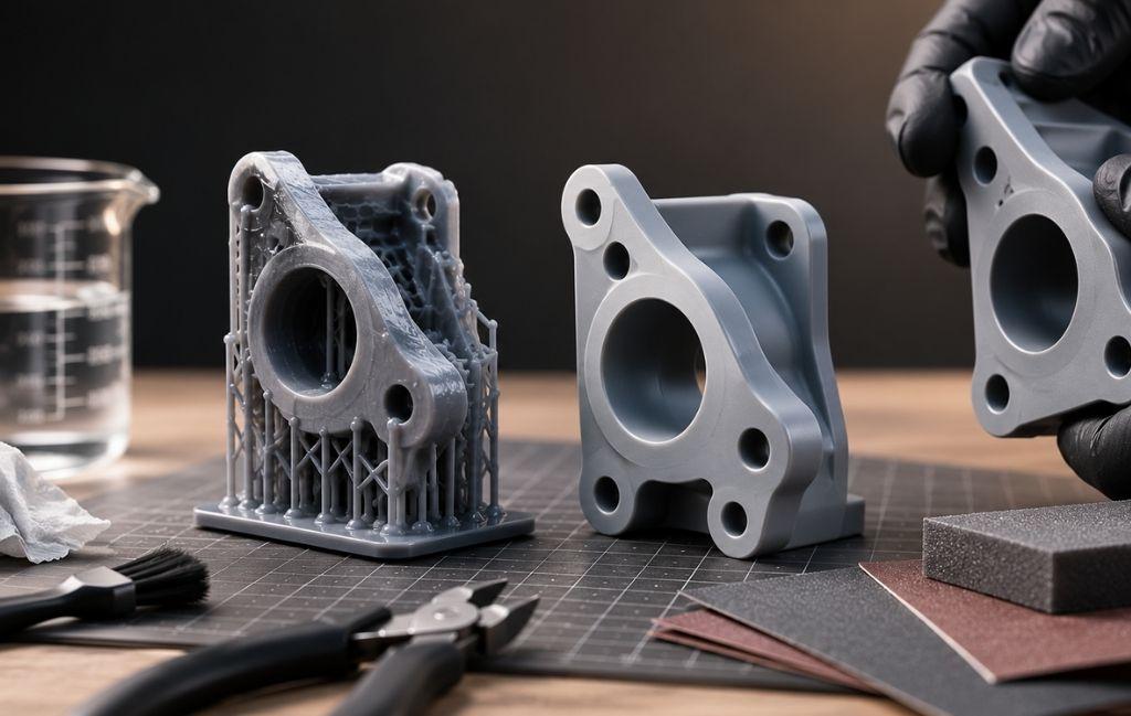 3D printed parts with post-processing tools including flush cutters, file, sanding pads and wire brush arranged on a workbench against a dark background.