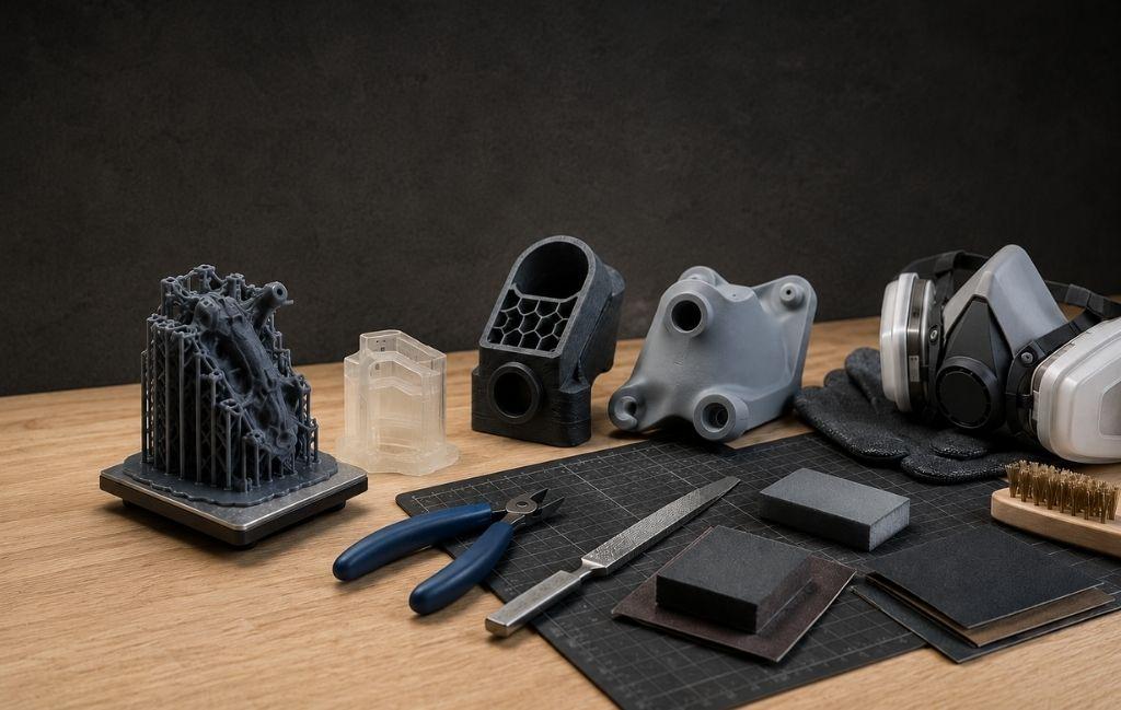 3D printed parts and post-processing tools including sanding blocks, files, cutters and safety equipment arranged on a workbench against a dark background.