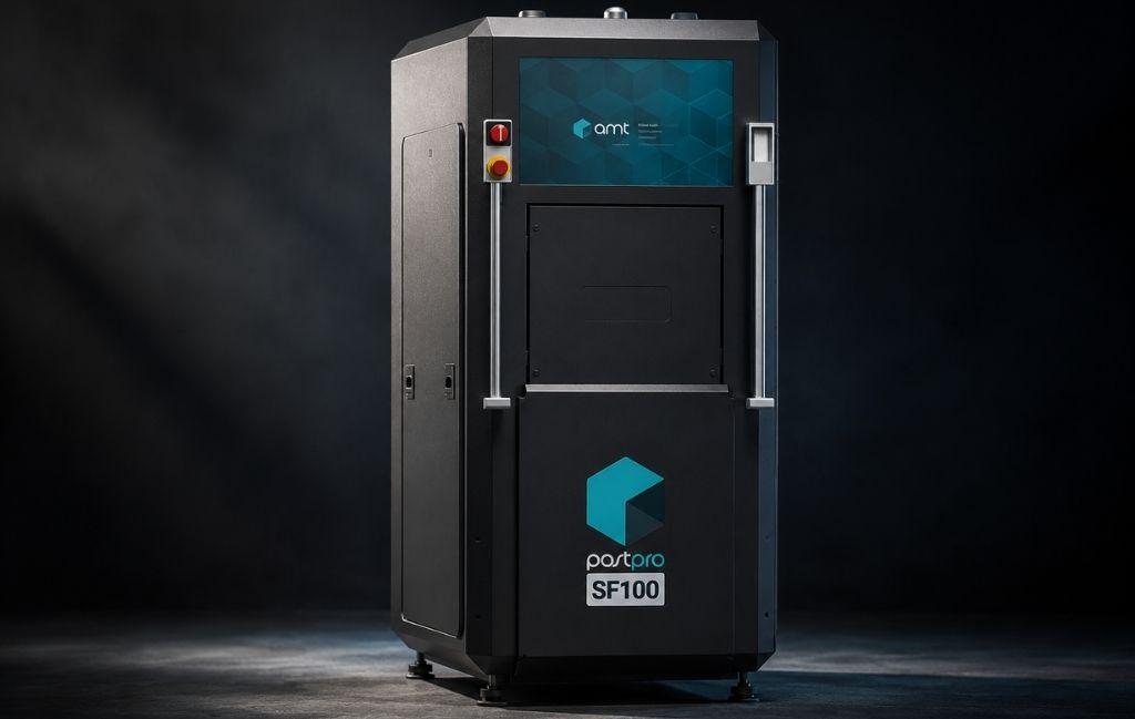 AMT PostPro SF100 automated post-processing system for 3D printed parts in a dark studio environment