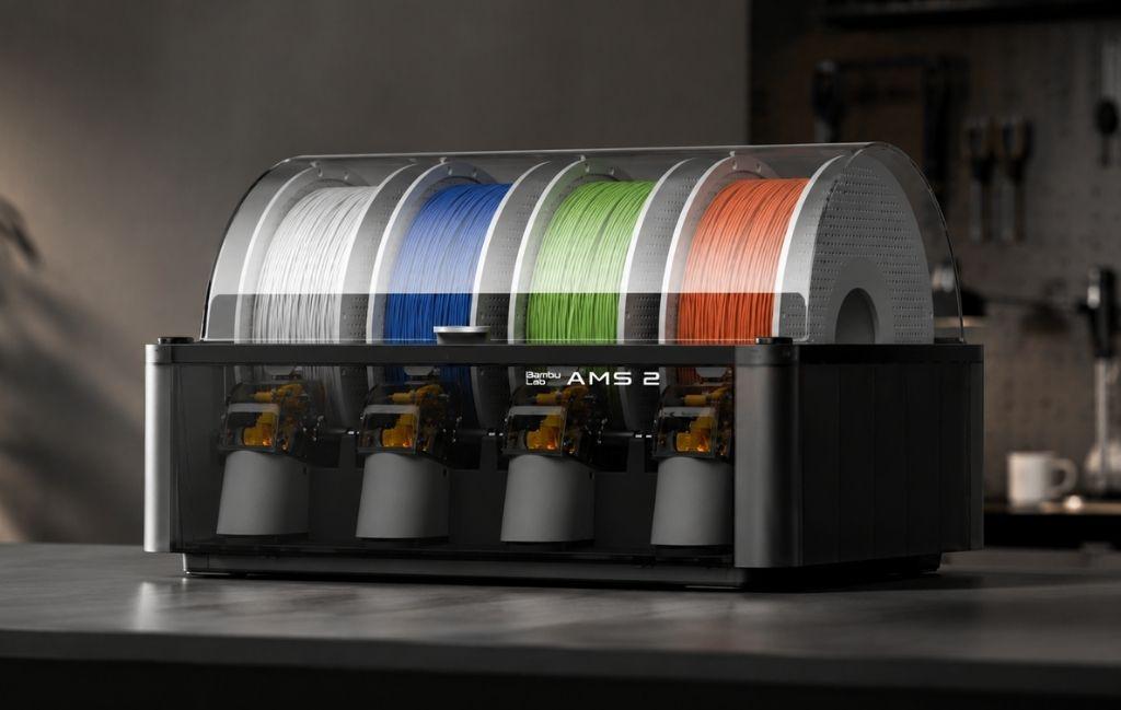 Bambu Lab AMS 2 Pro multi material 3D printer holding four filament spools