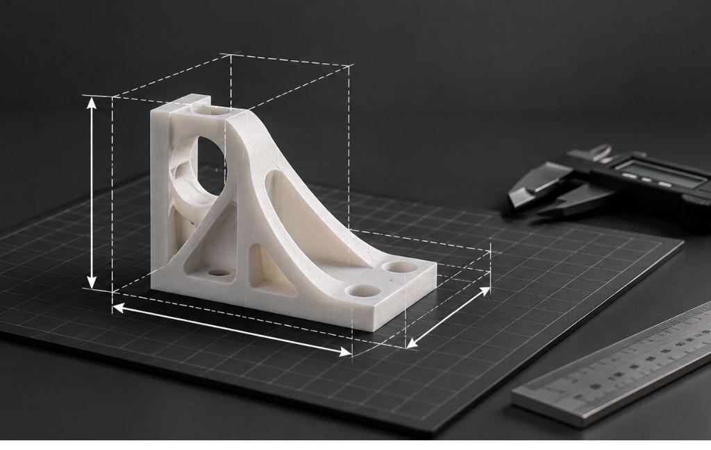 3D-printed bracket measured within a dimensional wireframe on a gridded build plate, with a digital calliper and ruler against a dark grey background, illustrating 3D printer build volume and print size.