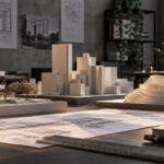 3D-printed architectural models of a modern high-rise cityscape and contemporary building with layered facades, displayed on a desk in a professional architecture studio with grey walls and architectural blueprints.