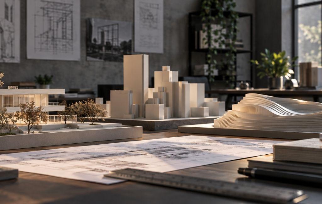 3D-printed architectural models of a modern high-rise cityscape and contemporary building with layered facades, displayed on a desk in a professional architecture studio with grey walls and architectural blueprints.