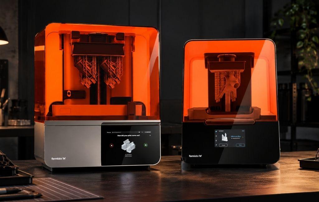 Two Formlabs 3D resin printers, Form 4 and Form 3+, displaying resin-printed parts inside their orange enclosures on a workbench in a dark, industrial workshop.