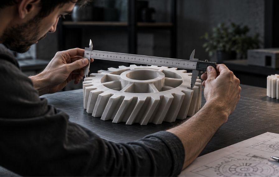 A man measuring the diameter of a large 3D-printed helical gear with a digital calliper in an engineering workshop, surrounded by 3D-printed components and technical blueprints.