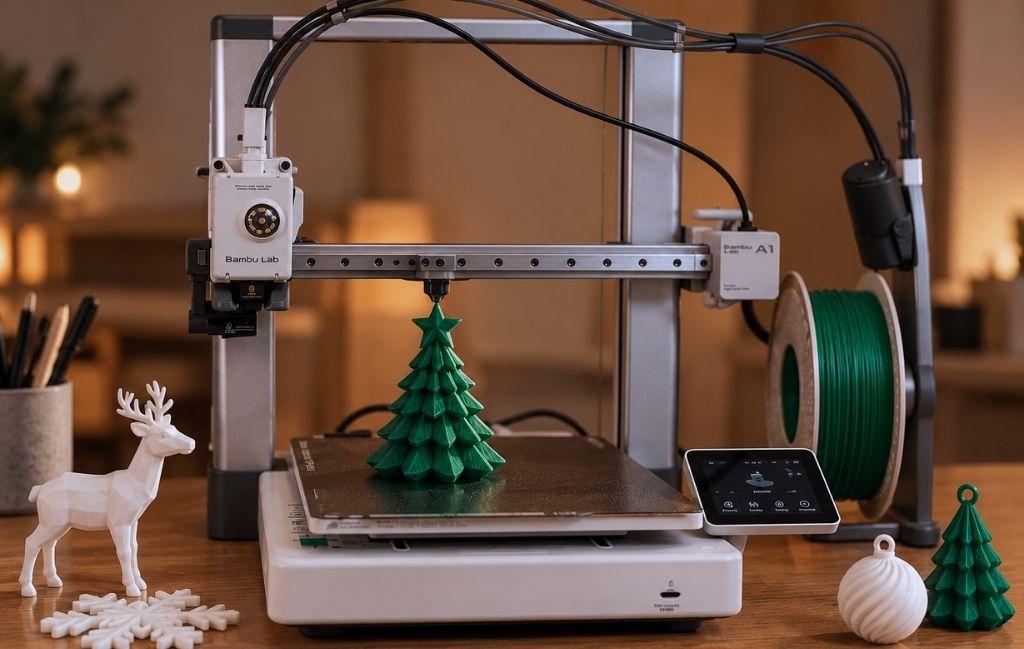 Bambu Lab A1 3D printer printing a green Christmas tree, surrounded by personalised 3D-printed festive decorations, including snowflakes, reindeer and ornaments on a wooden workbench.