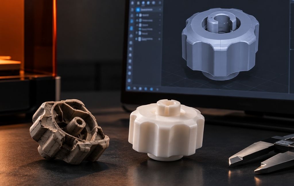 Broken mechanical gear beside a 3D-printed replacement knob, with CAD modelling displayed on a computer monitor in a dark engineering workshop, illustrating 3D printing spare parts for ageing equipment.