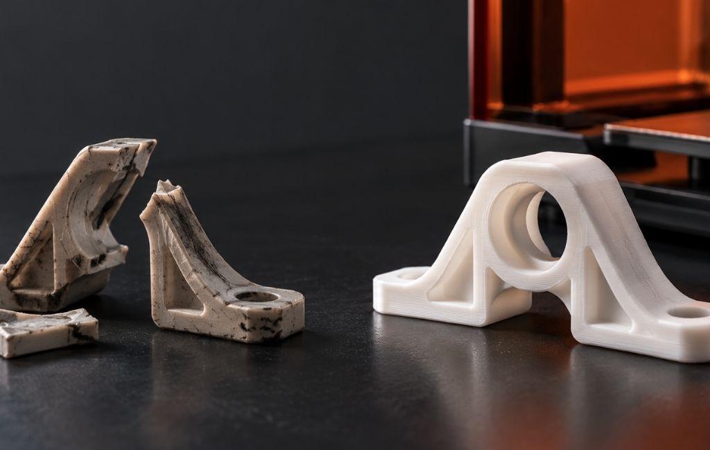 Broken plastic spare part beside a replacement 3D-printed component on a dark workbench, illustrating 3D printing spare parts for ageing equipment and repair versus replacement.