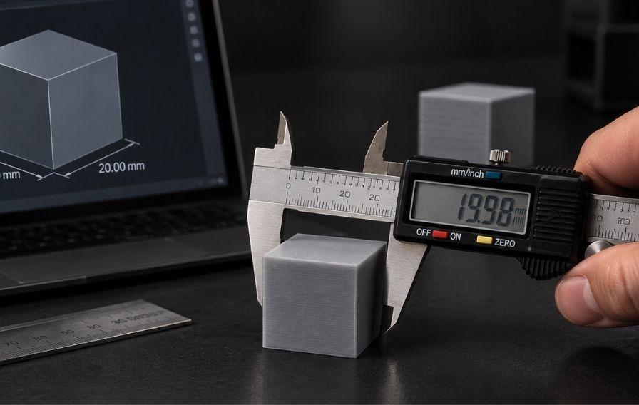 Digital callipers measuring a 3D-printed test block against a CAD model to check dimensional accuracy and 3D printing tolerances.