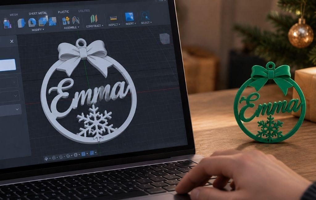 Laptop displaying CAD software with an editable personalised Christmas ornament design, alongside a green 3D-printed name ornament on a wooden desk.